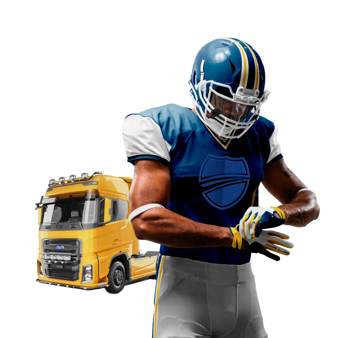 Eeckhout-mascotte in football-uitrusting naast gele Ford truck