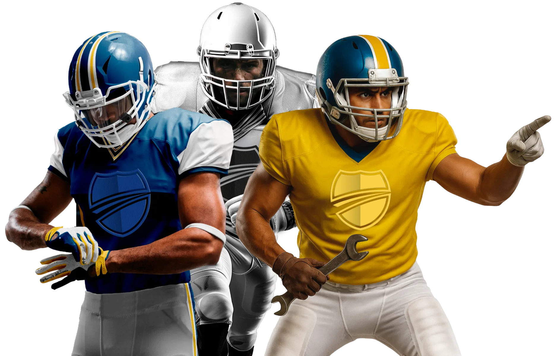 Drie Eeckhout-mascottes in american-football-uitrusting, klaar voor actie