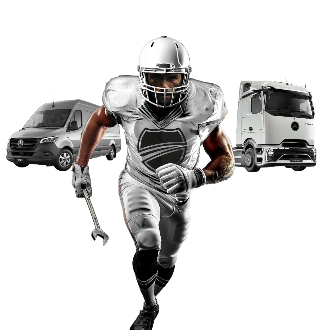 Eeckhout-mascotte in zilveren football-uitrusting met Mercedes-Benz truck en van